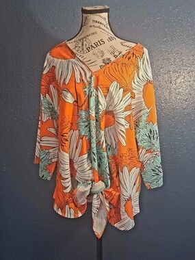 Sucrefas Women’s Orange Floral Tie-Front Top Xl